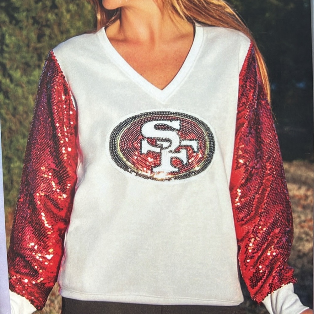San Francisco 49ers V Neck Sequin sleeve fleece